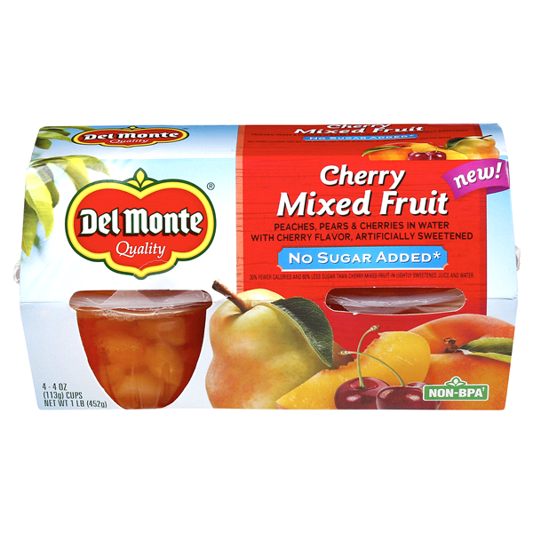 Del Monte Fruit Cups Cherry Mixed Fruit No Sugar Added (4 pack/4 oz. cups)