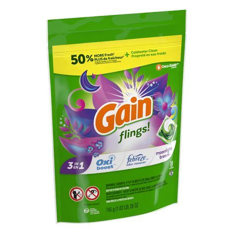 Gain Flings 3 in 1 Laundry Detergent Pacs Oxi Boost Febreze Odor Remover Moonlight Breeze Scent (35 count pouch)