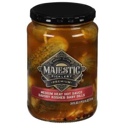 Mt. Olive Majestic Picklery Premium Medium Heat Hot Sauce Savory Kosher Baby Dills (24 oz. glass jar)