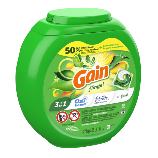 Gain Flings 3 in 1 Laundry Detergent Pacs Oxi Boost Febreze Odor Remover Original Scent (60 count)