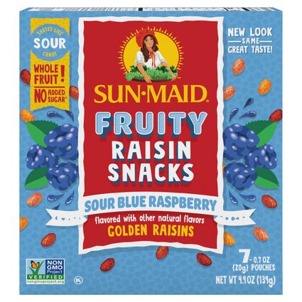 Sun-Maid Fruity Raisin Snacks Sour Blue Raspberry (4.9 oz. box/7-0.7 oz. Pouches)