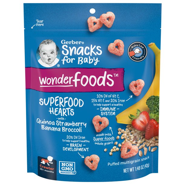 Gerber Snacks for Baby Wonder Foods Super Foods Hearts Quinoa Banana Strawberry Broccoli (1.48 oz. pouch)