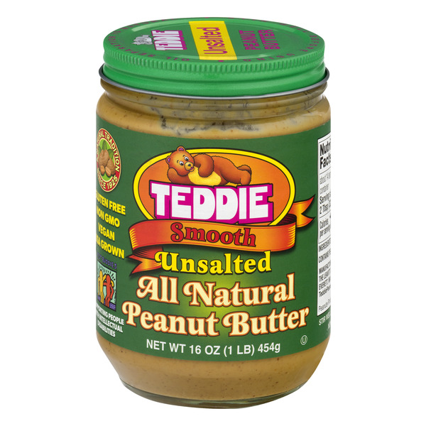 Teddie All Natural Smooth UNSALTED Peanut Butter (16 oz. glass jar)